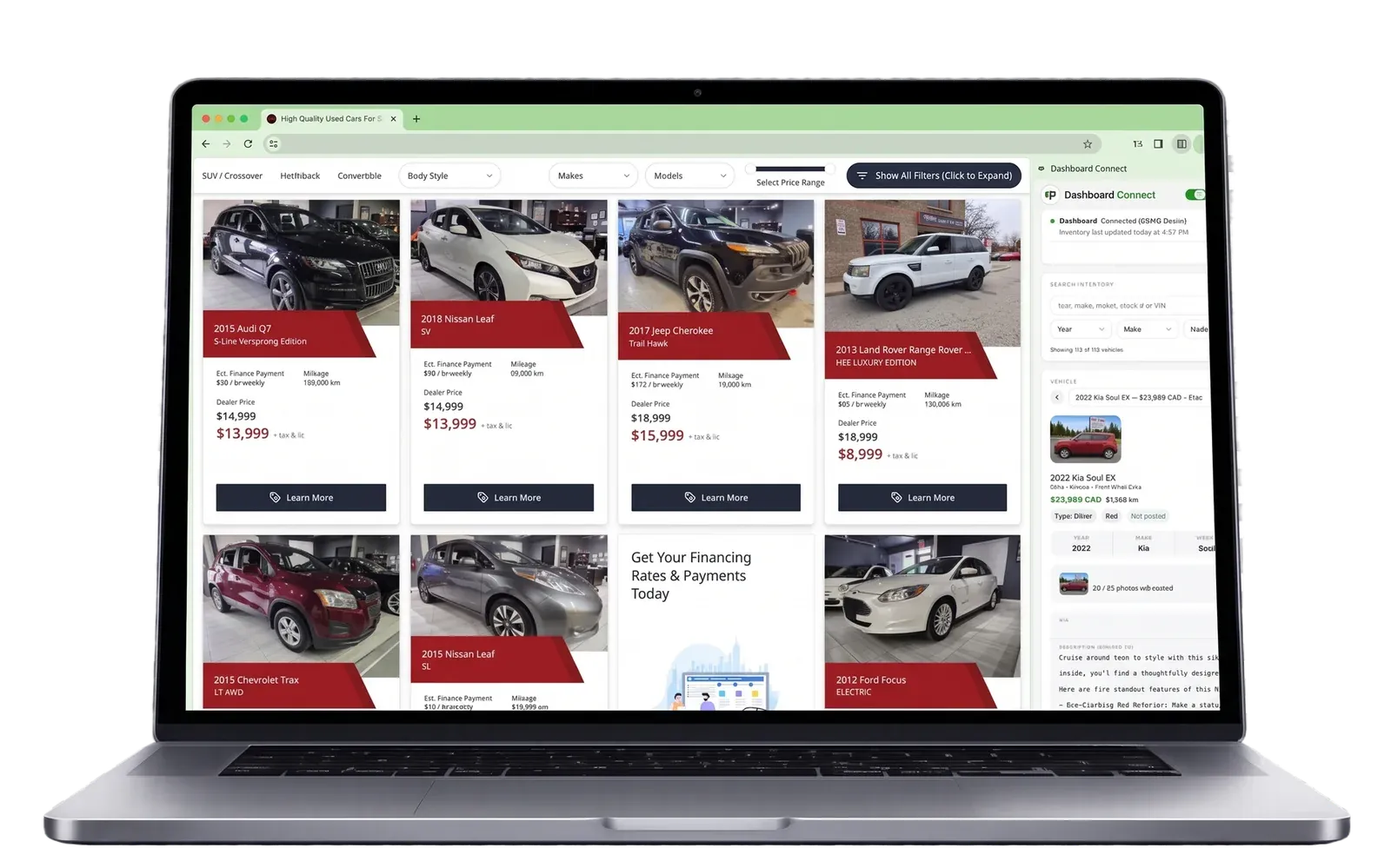 The Dashboard Connect side panel open next to a dealer website showing inventory ready to post
