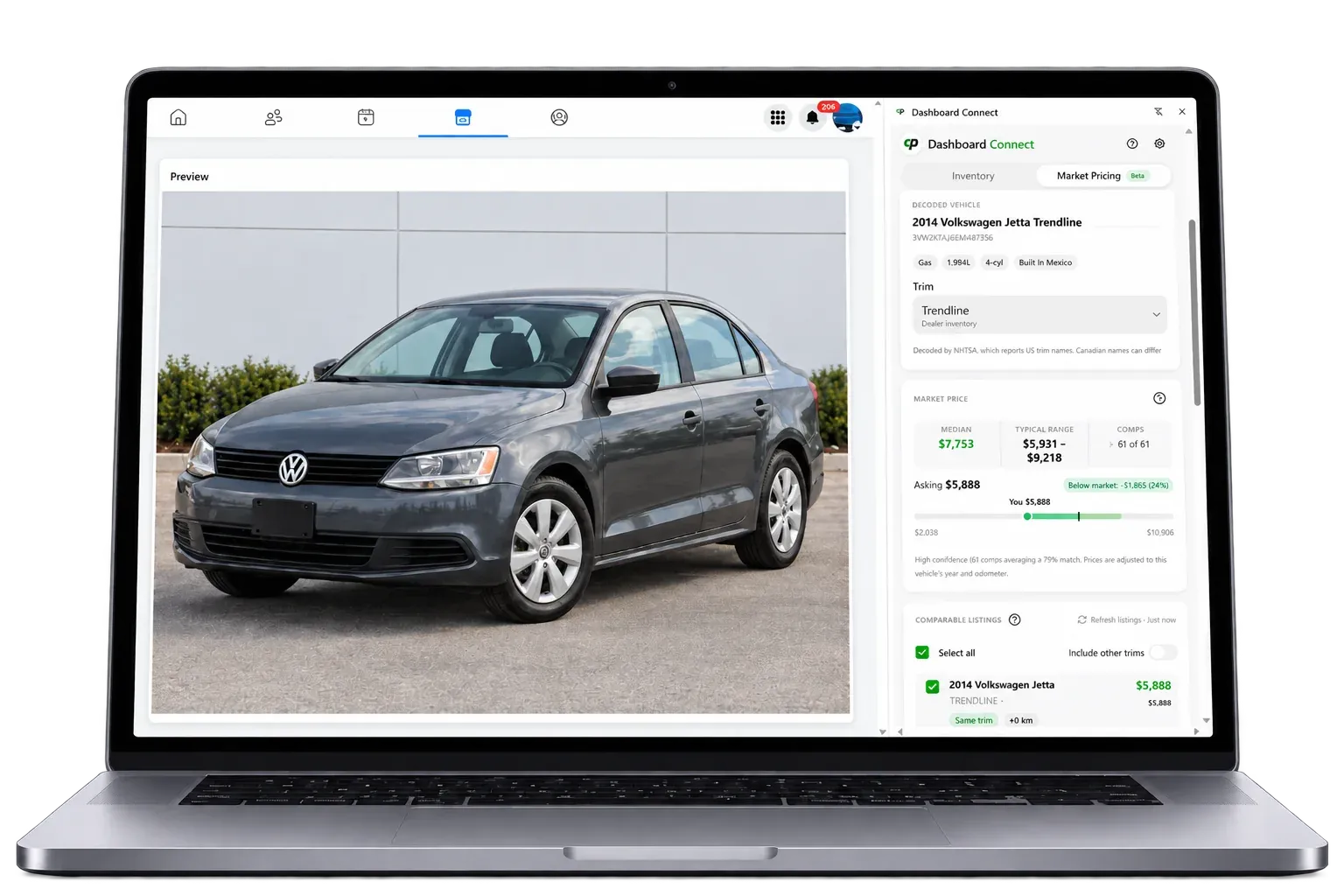 MarketPulse in the Dashboard Connect side panel showing the market median and typical range for a 2014 Volkswagen Jetta