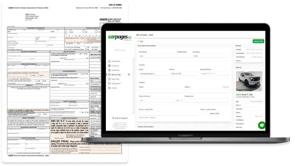 A UCDA bill of sale form next to the Dealer Dashboard
