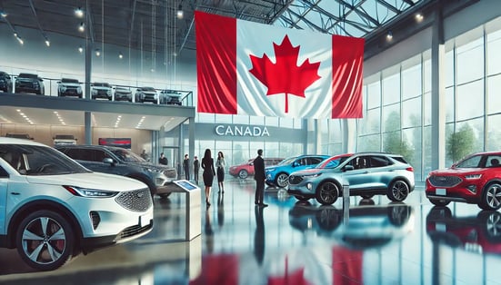 DALL·E 2025-02-03 12.33.45 - A modern car dealership in Canada with a prominent Canadian flag in the background. The dealership has a mix of SUVs, sedans, and electric vehicles on